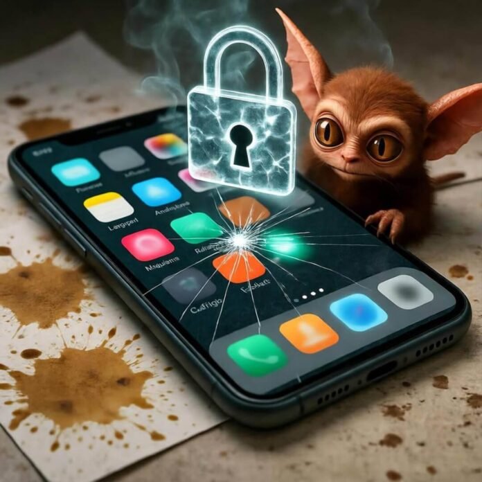 Cracked phone with gremlin, chai-stained desk. Cracked phone with gremlin, chai-stained desk.