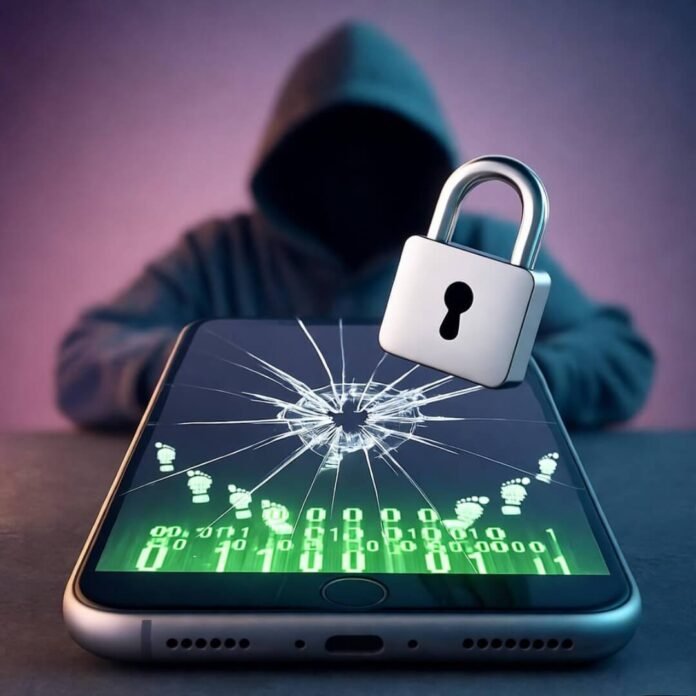 Cracked phone with binary code, hacker, padlock. Cracked phone with binary code, hacker, padlock.