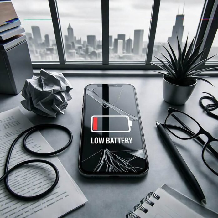 Chaotic Chicago desk, dying phone, glitchy style. Chaotic Chicago desk, dying phone, glitchy style.