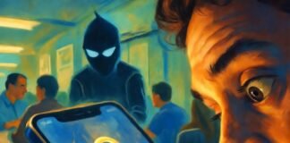 Top 10 Mobile App Security Tips Every User Should Know Impressionistic phone with glowing locks fending off a hacker, in blues and oranges.