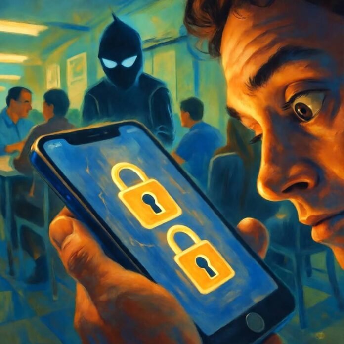 Impressionistic phone with glowing locks fending off a hacker, in blues and oranges. Impressionistic phone with glowing locks fending off a hacker, in blues and oranges.