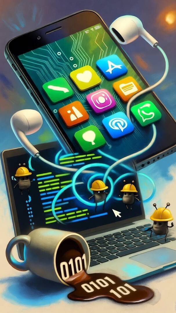 Cracked phone, bugs fixing code, spilled coffee. Cracked phone, bugs fixing code, spilled coffee.