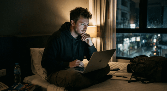A traveler sits on a bed using a laptop. A traveler sits on a bed using a laptop.