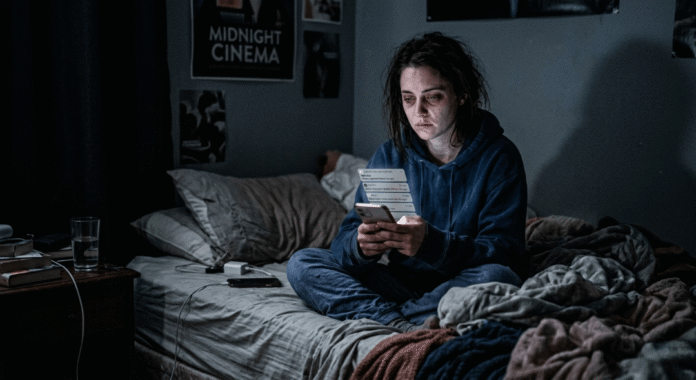 Tired person on bed viewing phone subscription notifications at night. Tired person on bed viewing phone subscription notifications at night.